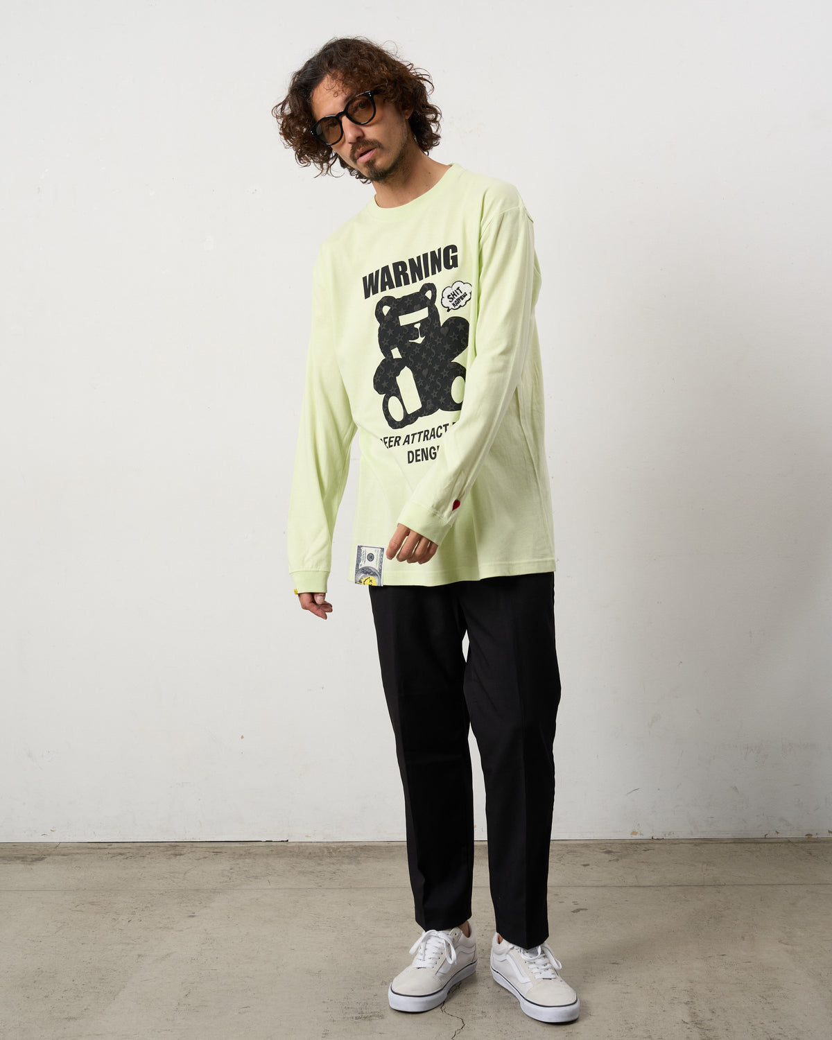 【STUD MUFFIN(スタッドマフィン)5.6ozコットン天竺 WARNING BEARフォームプリントLS Tシャツ(624-02905)ライトグリーン