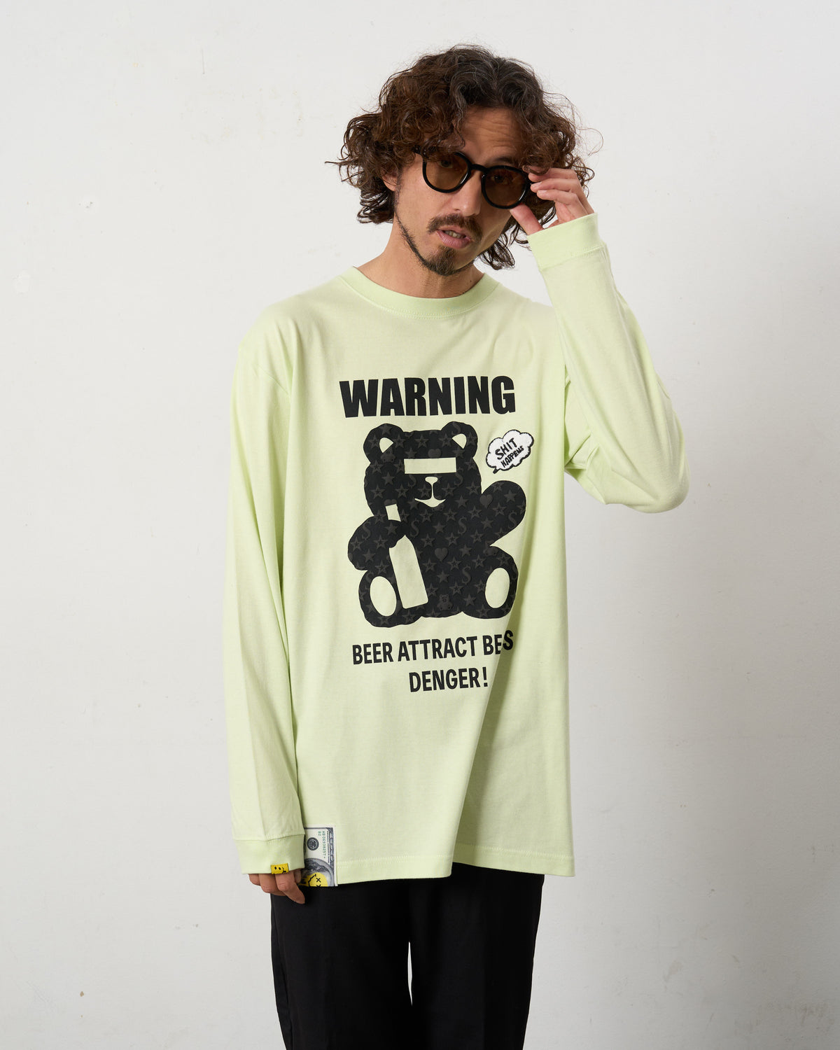 【STUD MUFFIN(スタッドマフィン)5.6ozコットン天竺 WARNING BEARフォームプリントLS Tシャツ(624-02905)ライトグリーン