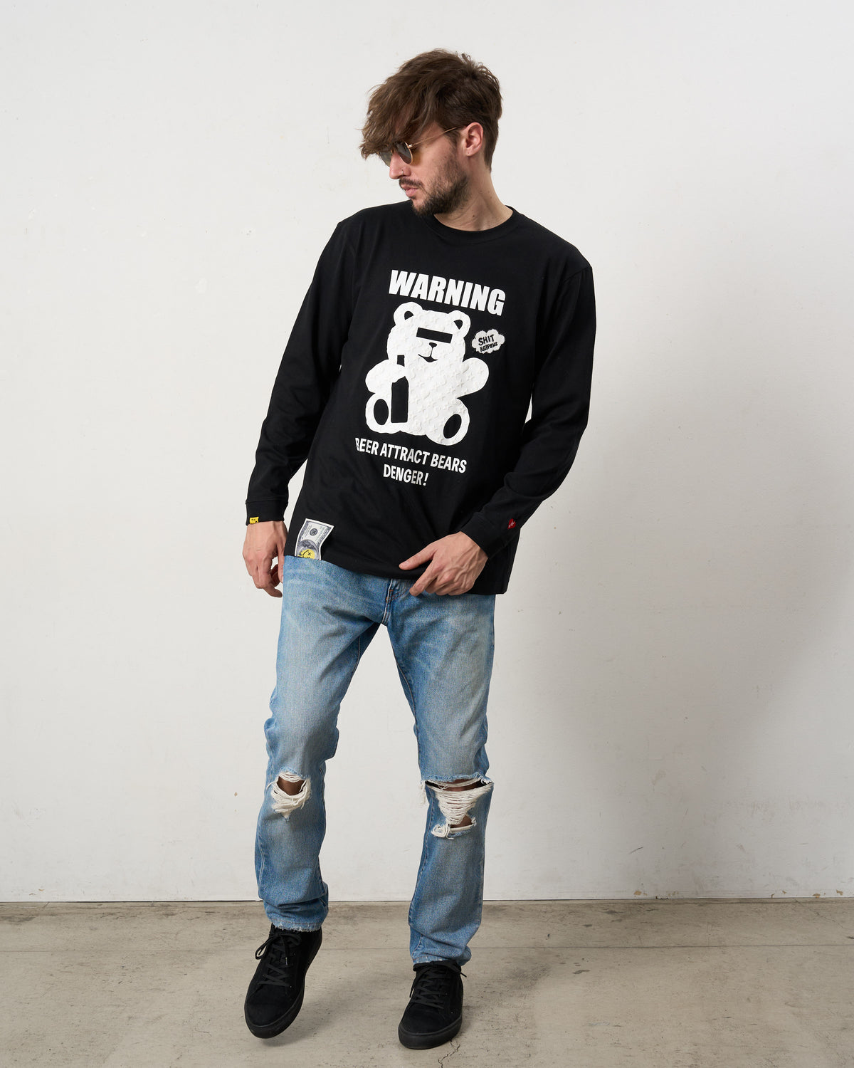 【STUD MUFFIN(スタッドマフィン)5.6ozコットン天竺 WARNING BEARフォームプリントLS Tシャツ(624-02905)
