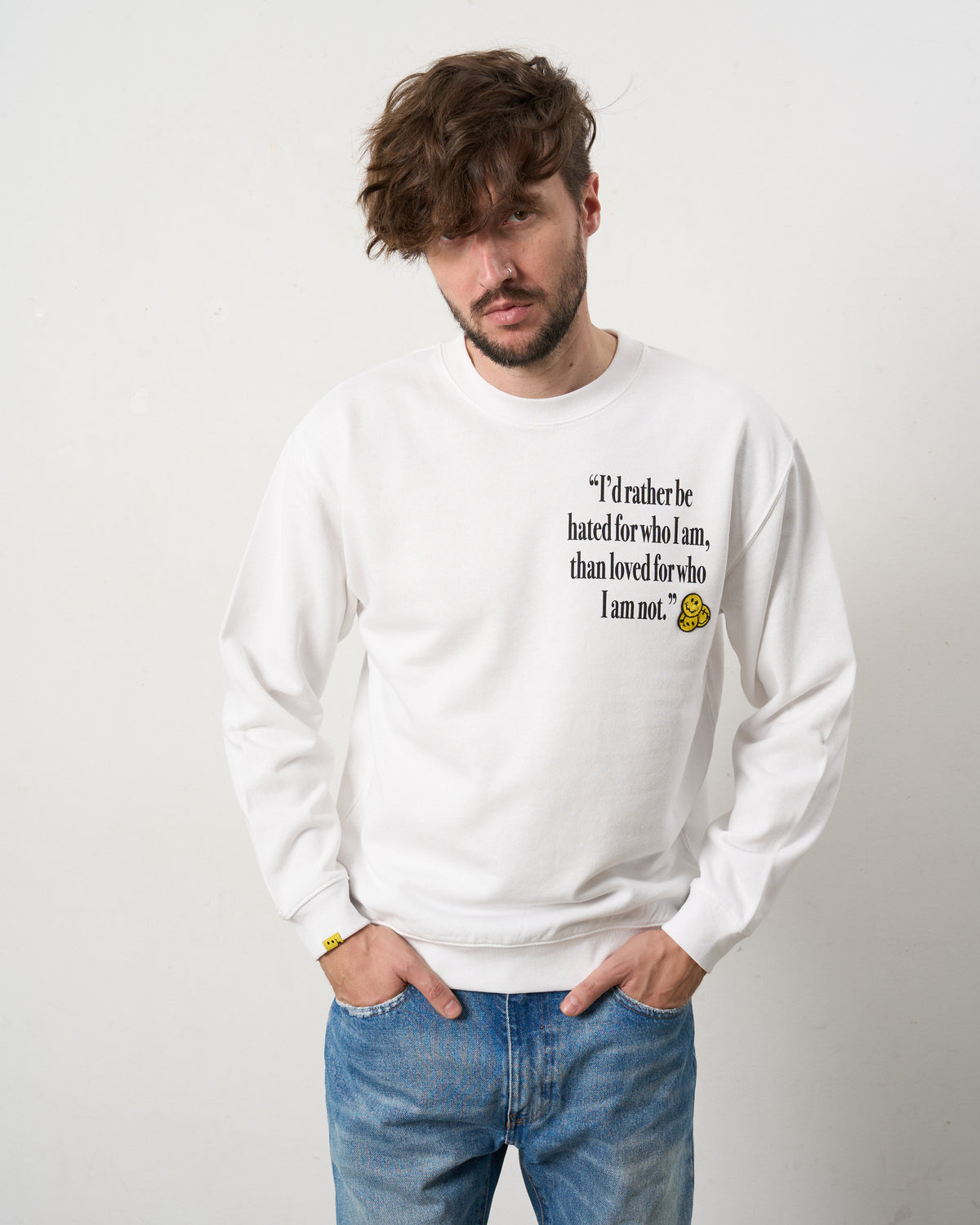 【STUD MUFFIN(スタッドマフィン)】オーセンティックパイル ラベルプリント ボーンパッチワーク スエットシャツ(624-02907) WHITE