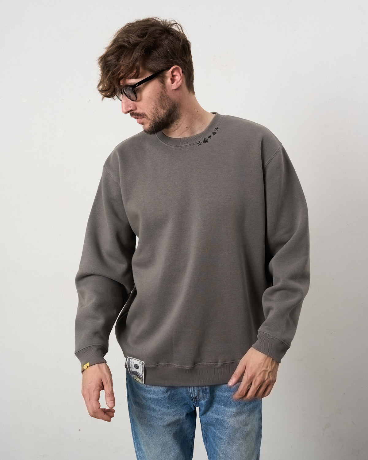 【STUD MUFFIN(スタッドマフィン)】T-C裏毛起毛ファースマイルパッチワーク スエットシャツ(624-02911) C.GRY
