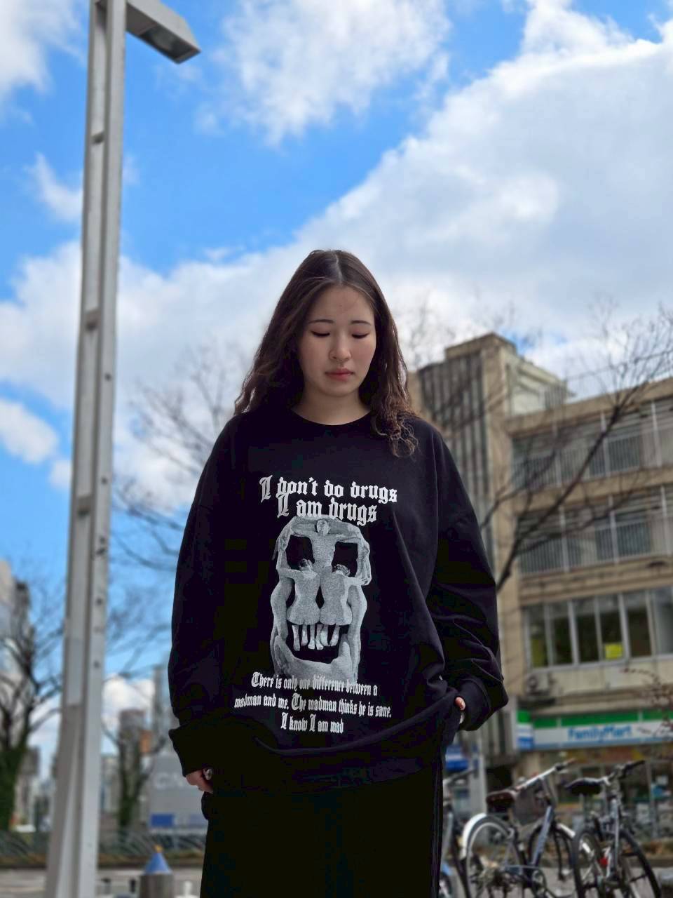 LA-LALA ヘビーコットン天竺アートスカルワイドシルエットLSシャツ　Black