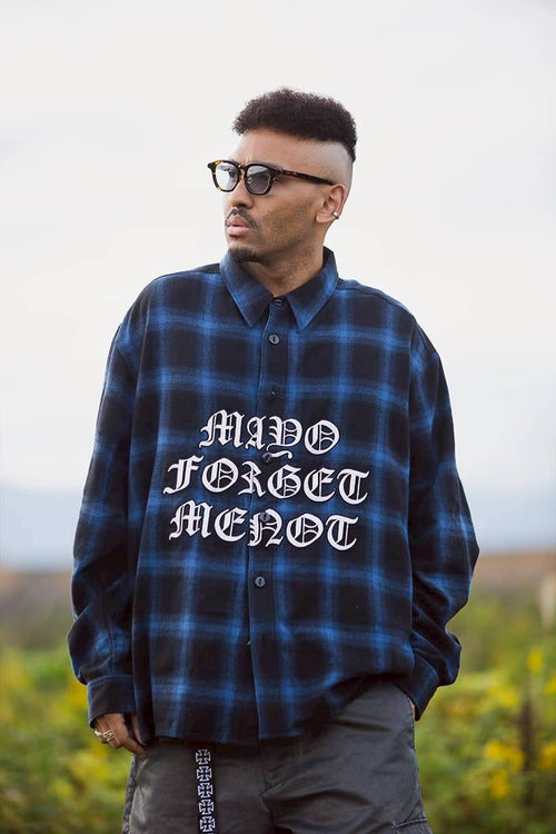 FRONT LOGO EMBROIDERY CHECK SHIRT BLUE × BLACK