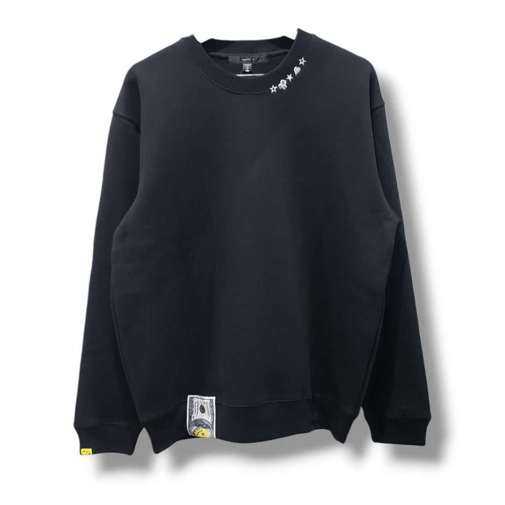 【STUD MUFFIN(スタッドマフィン)】T-C裏毛起毛ファースマイルパッチワーク スエットシャツ(624-02911) Black