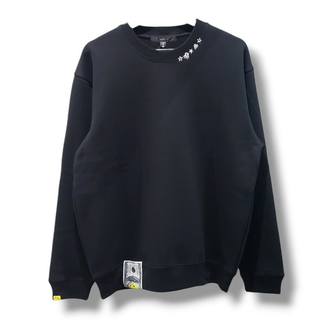 【STUD MUFFIN(スタッドマフィン)】T-C裏毛起毛ファースマイルパッチワーク スエットシャツ(624-02911) Black