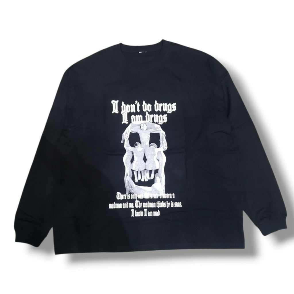 LA-LALA ヘビーコットン天竺アートスカルワイドシルエットLSシャツ　Black