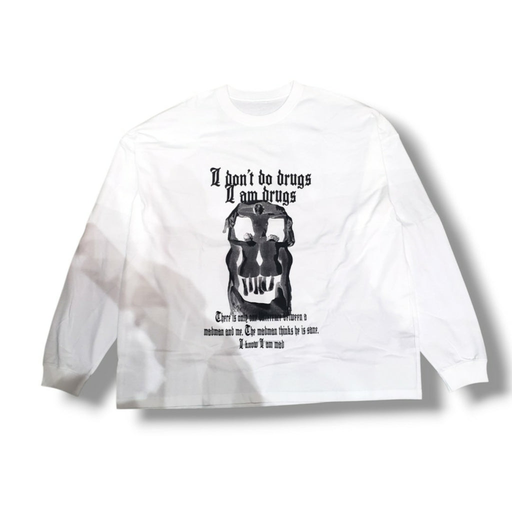 LA-LALA ヘビーコットン天竺アートスカルワイドシルエットLSシャツ　WHITE