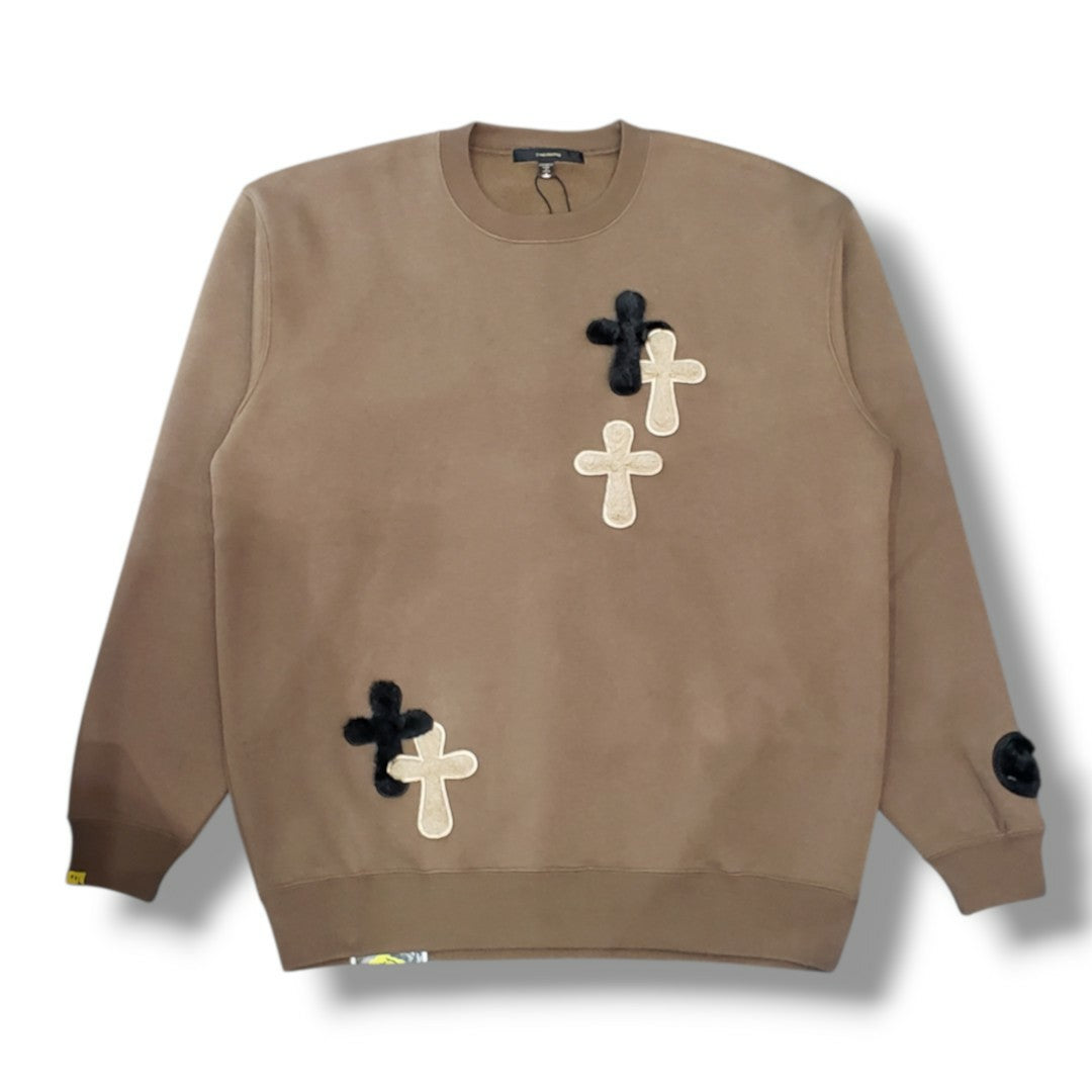 STUD MUFFIN(スタッドマフィン) T-C裏毛起毛 ファー-ムックボアミックスパッチワークスエットシャツ(624-02917) BRN