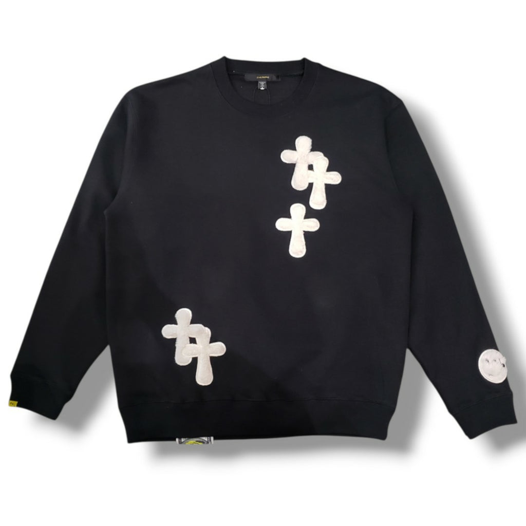STUD MUFFIN(スタッドマフィン) 　T-C裏毛起毛 ファー-ムックボアミックスパッチワークスエットシャツ(624-02917)　Black