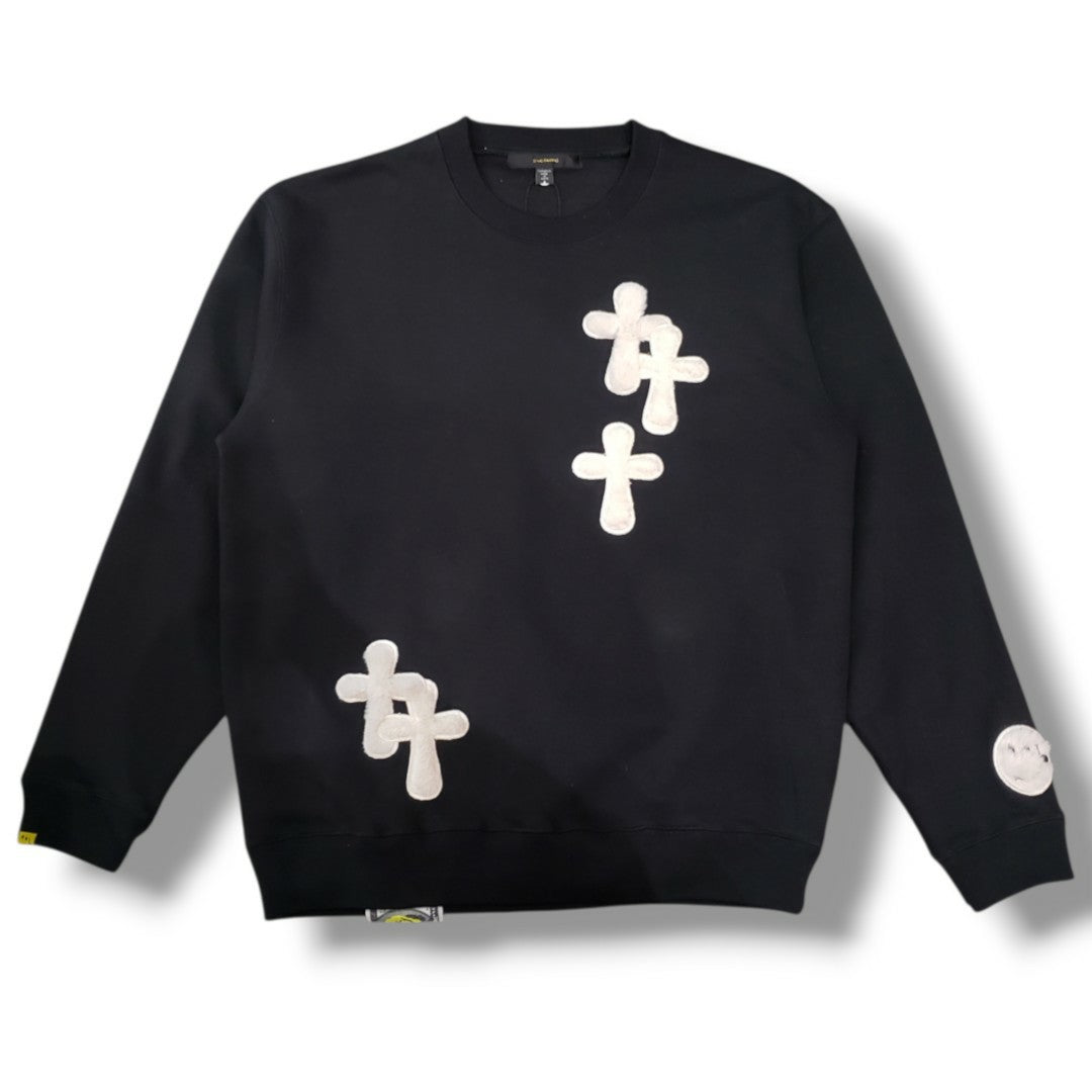 STUD MUFFIN(スタッドマフィン) 　T-C裏毛起毛 ファー-ムックボアミックスパッチワークスエットシャツ(624-02917)　Black