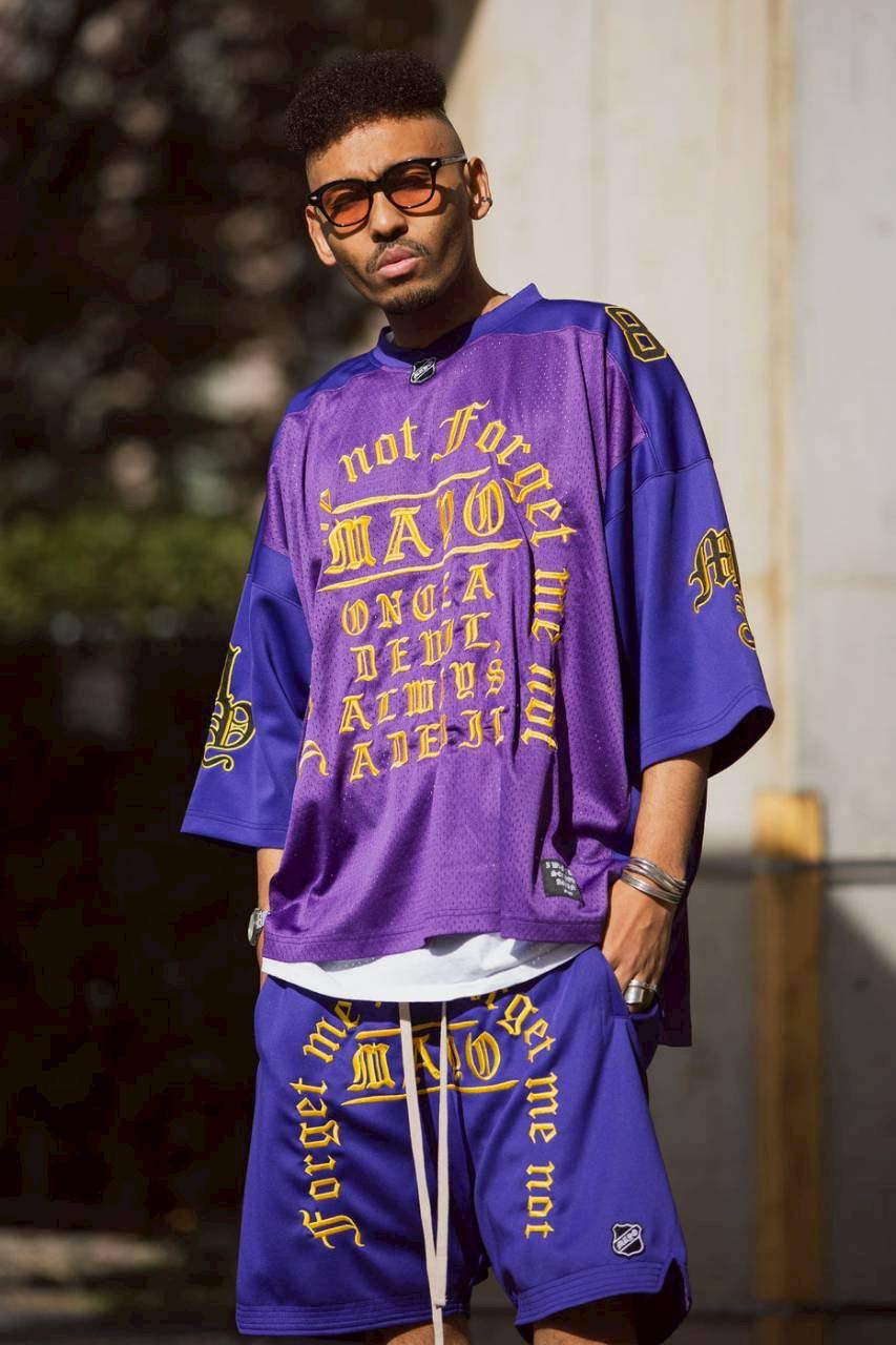 MAYO MESSAGE EMBROIDERY GAME SHORTS PURPLE